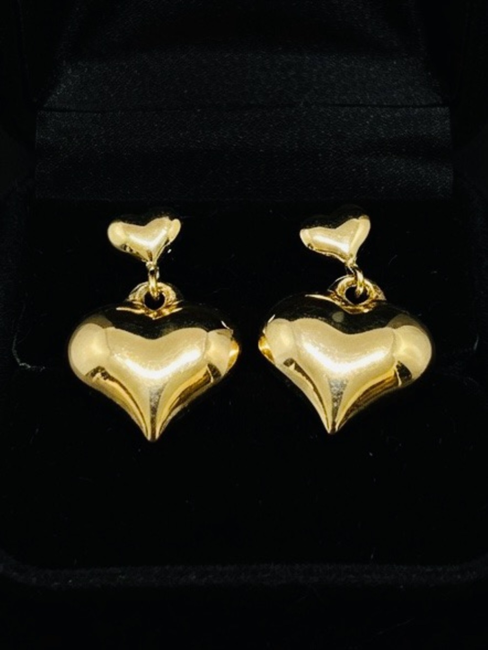 18K Gold Puffy Double Heart Dangle Earrings | 5mm & 11mm Hearts